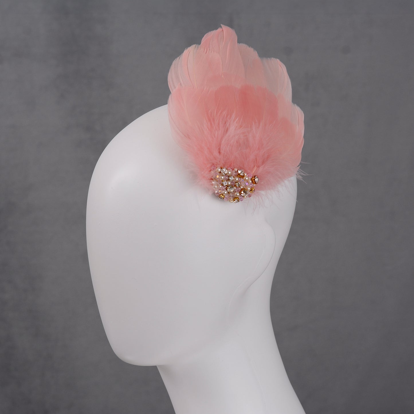 Vintage Pink Feather Headpiece with Pearl and Rhinestone Embellishment