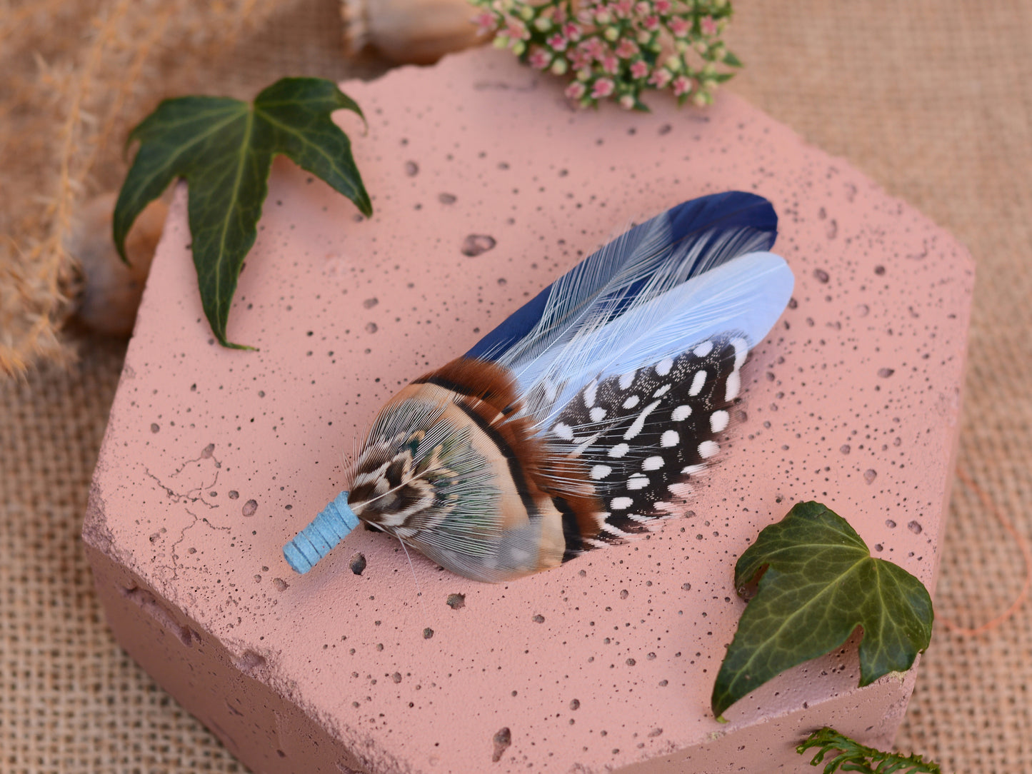 Navy and Pastel Blue Feather Boutonniere Hat Pin No.2