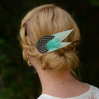 Pastel Mint Green and Polka Dot Feather Hair Clip Fascinator