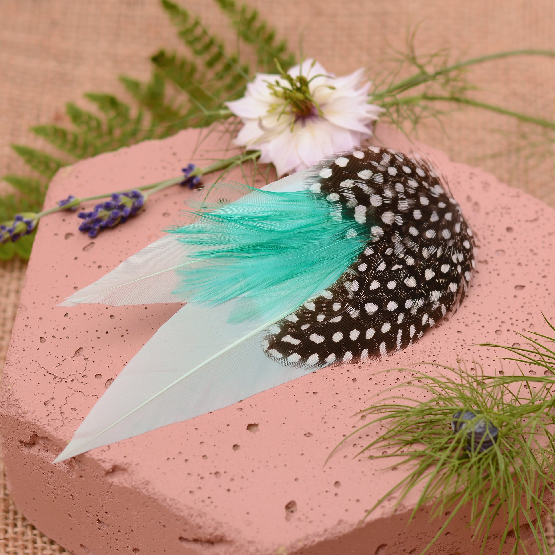 Mint green feather hair clip on a pink stone with flowers and plants around