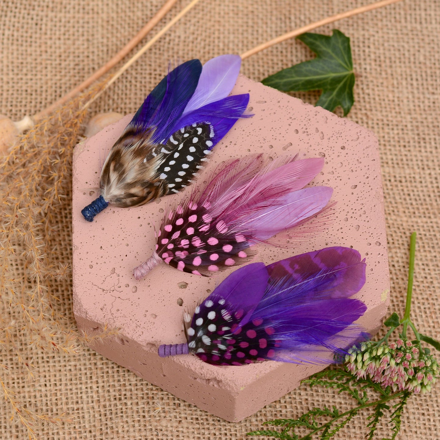 Vibrant Purple Feather Boutonniere Pins