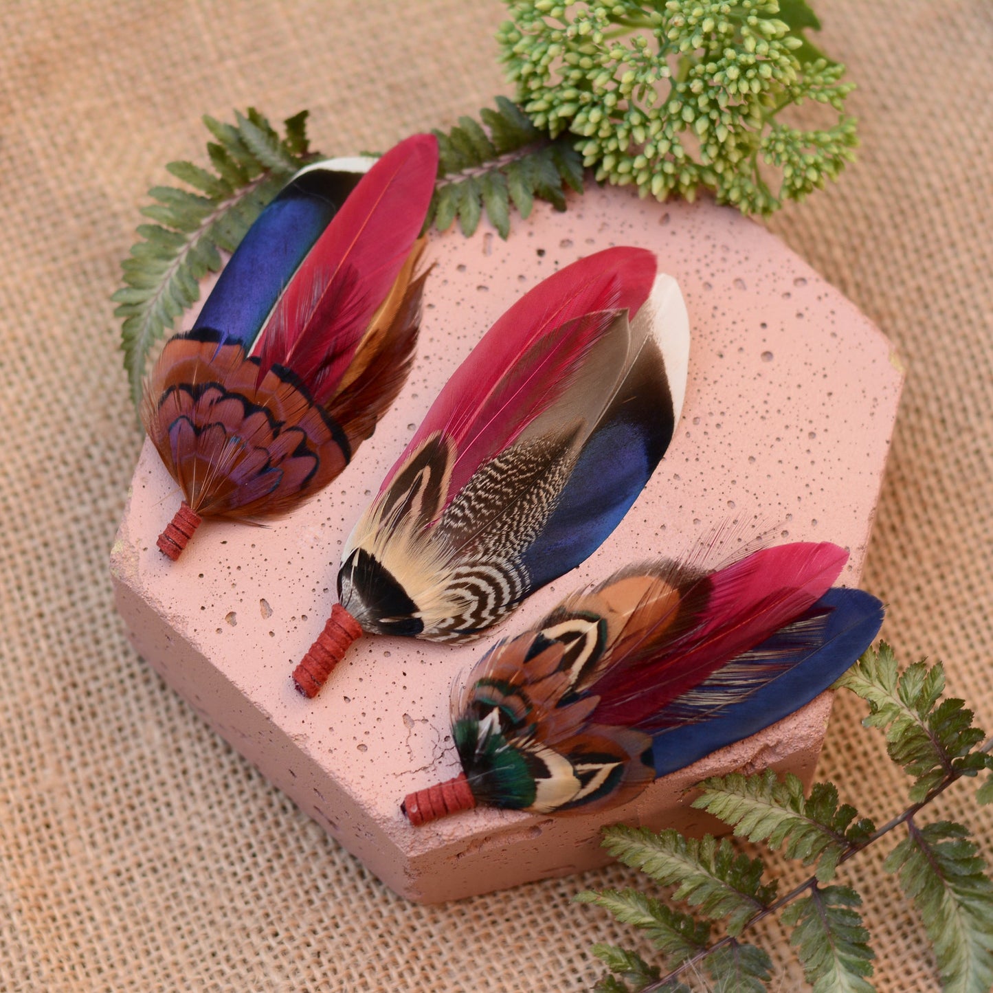 Navy and Burgundy Feather Boutonniere / Hat Pin