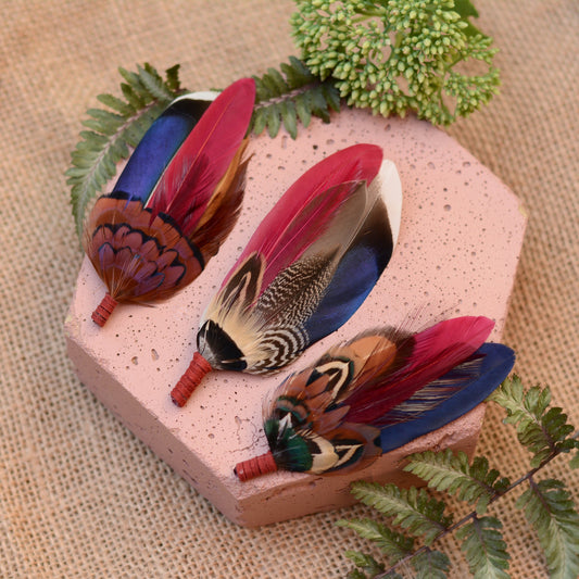 Navy and Burgundy Feather Boutonniere / Hat Pin
