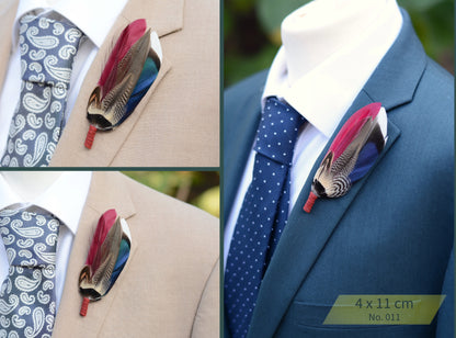 Navy and Burgundy Feather Boutonniere / Hat Pin