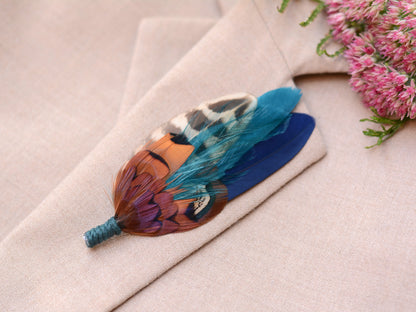 Feather Boutonniere / Hat Pin in Copper, Navy Blue and Teal