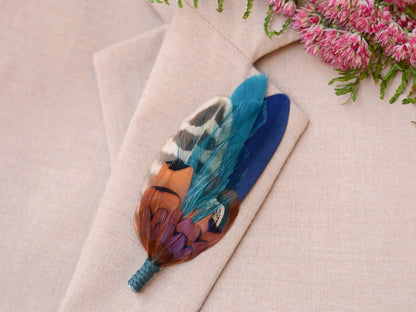 Feather Boutonniere / Hat Pin in Copper, Navy Blue and Teal
