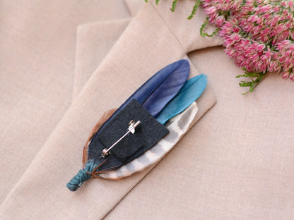 Feather Boutonniere / Hat Pin in Copper, Navy Blue and Teal