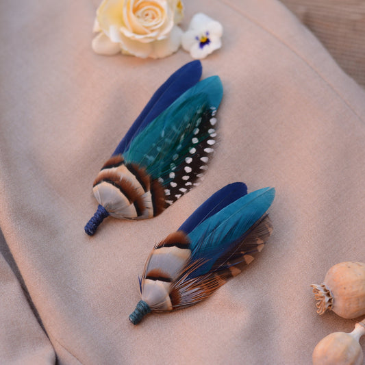 Navy Blue and Teal Duck Feather Boutonniere