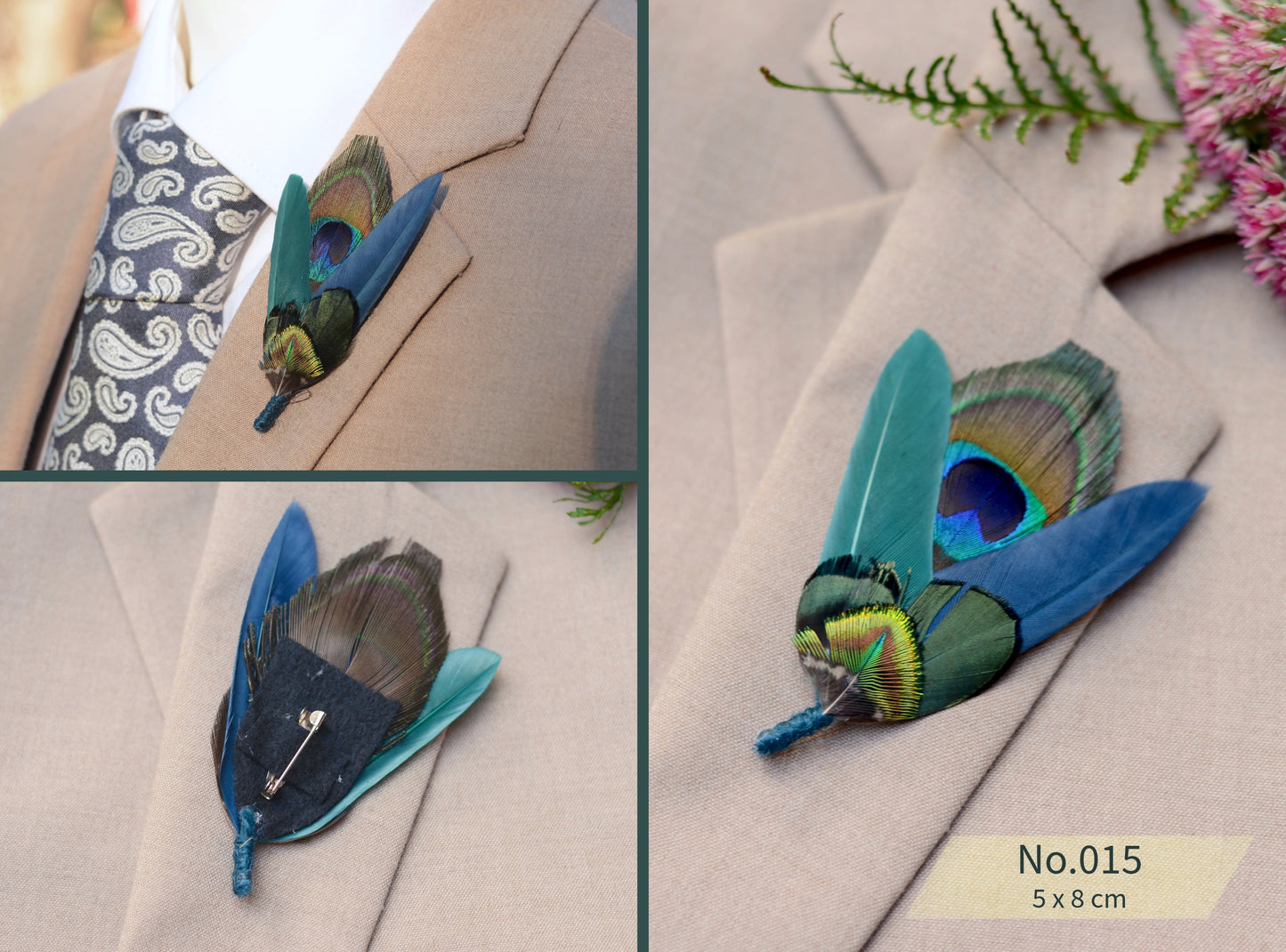 Teal, Green and Navy Peacock Feather Boutonnieres