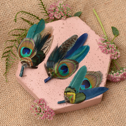 Teal, Green and Navy Peacock Feather Boutonnieres