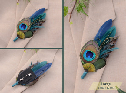 Teal and Navy Peacock Feather Boutonniere No.16