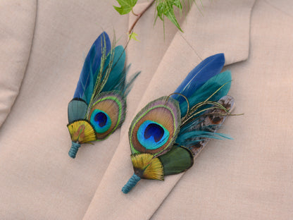 Teal and Navy Peacock Feather Boutonniere No.16