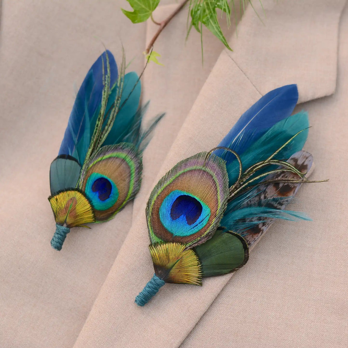 Peacock Feather Boutonniere in Teal and Navy No.16