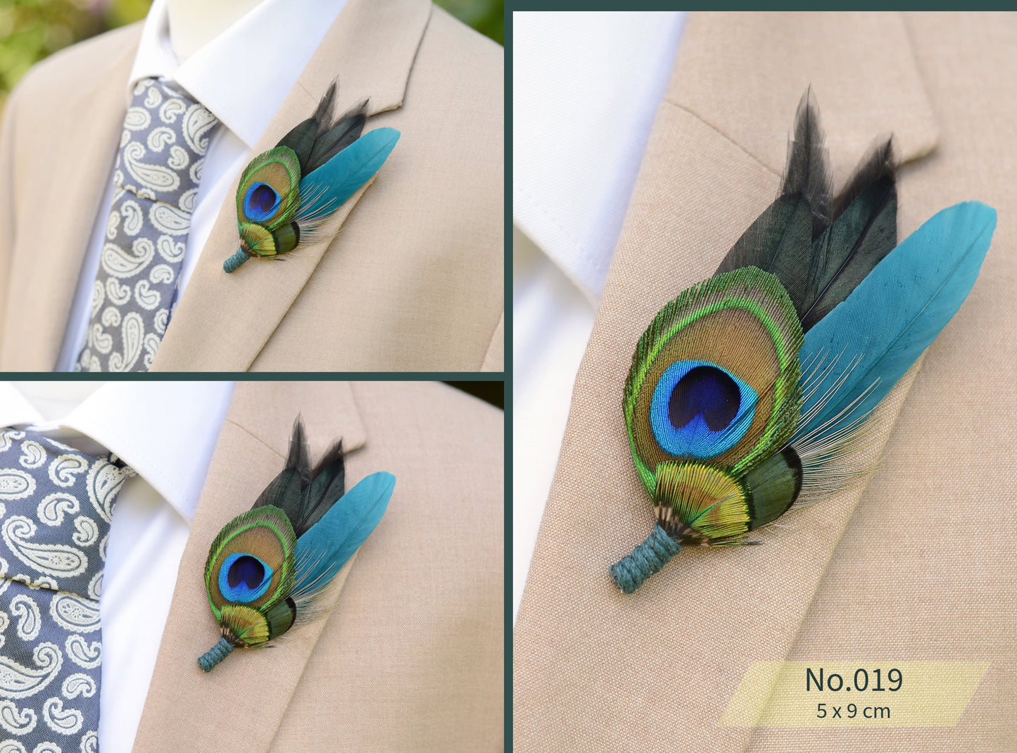 Peacock Feather Boutonniere in Teal, Navy and Burgundy