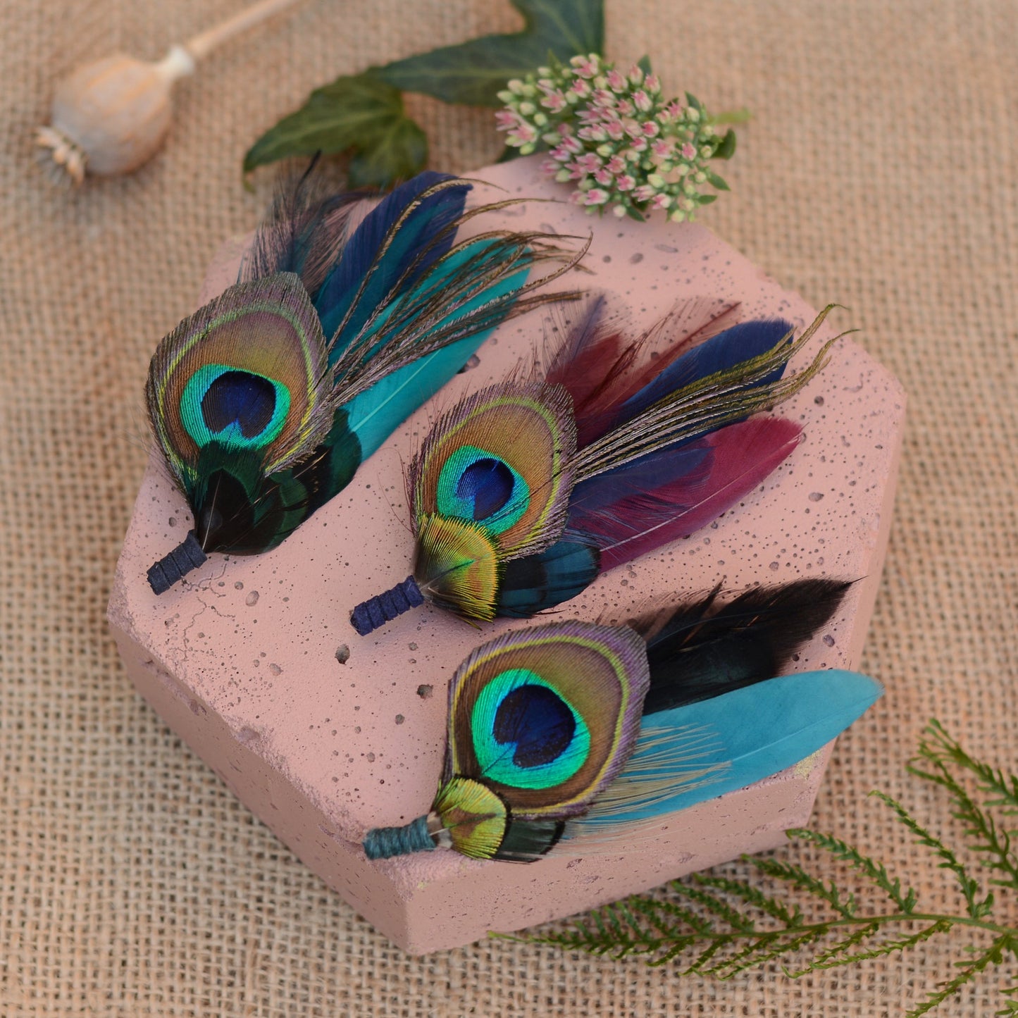 Peacock Feather Boutonniere in Teal, Navy and Burgundy