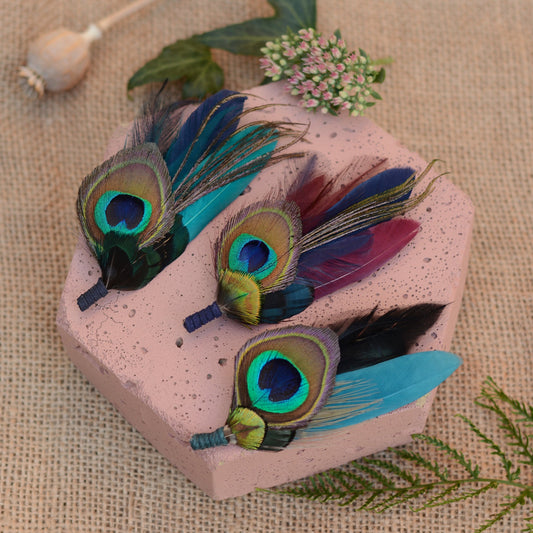 Peacock Feather Boutonniere in Teal, Navy and Burgundy