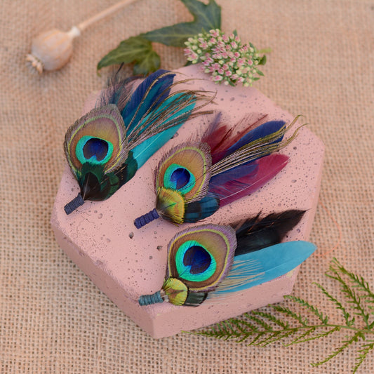 Peacock Feather Boutonniere in Teal, Navy and Burgundy