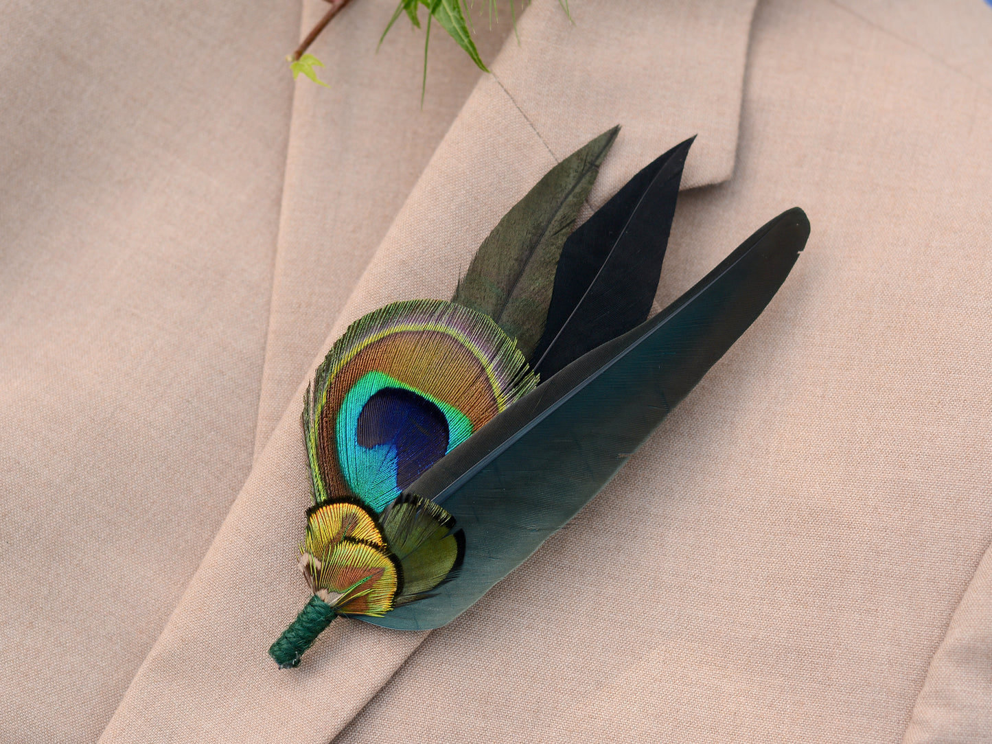 Green and Gold Peacock Feather Lapel Pin / Hat Pin No.022