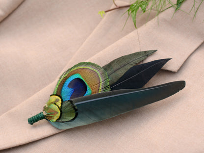 Green and Gold Peacock Feather Lapel Pin / Hat Pin No.022