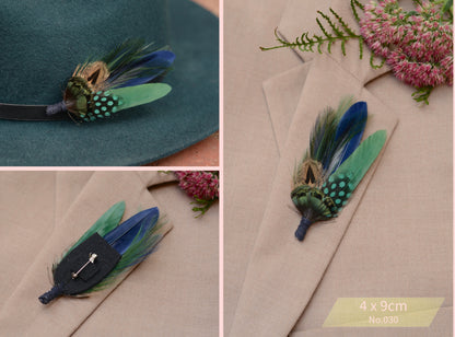 Navy Blue and Bottle Green Feather Boutonniere