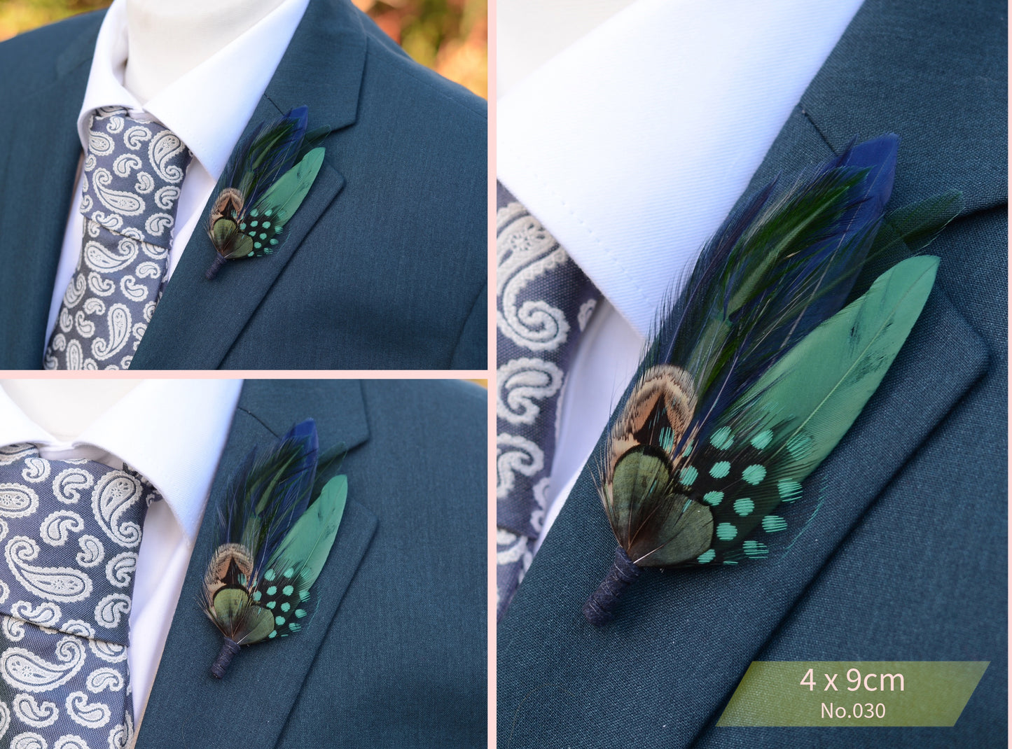 Navy Blue and Bottle Green Feather Boutonniere