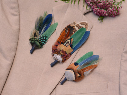 Navy Blue and Bottle Green Feather Boutonniere