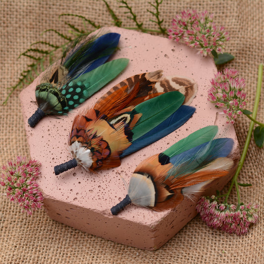 Navy Blue and Bottle Green Feather Boutonniere