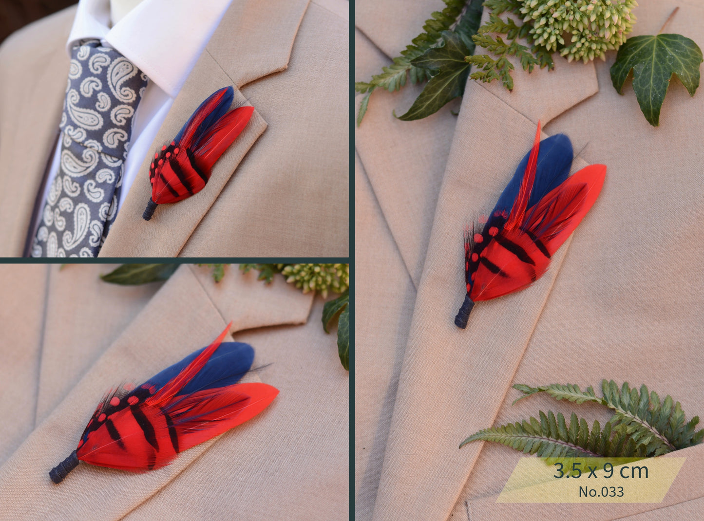 Red Feather Boutonniere / Hat Pin No.033, No.043, No.44 & No.052