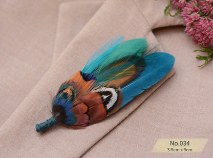 Feather Boutonniere Pin in Teal Green and Copper Pheasant