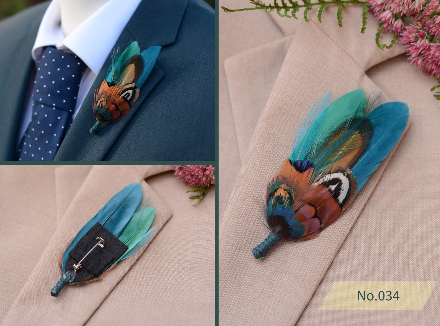 Feather Boutonniere Pin in Teal Green and Copper Pheasant
