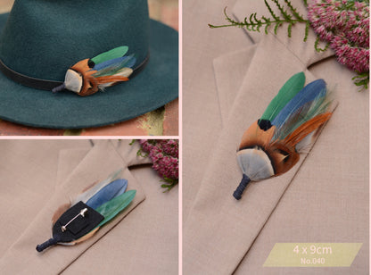 Navy Blue and Bottle Green Feather Boutonniere