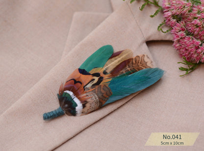 Feather Boutonniere Pin in Teal Green and Copper Pheasant