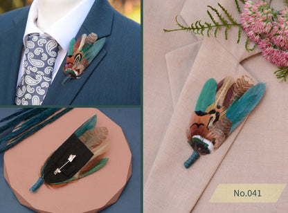 Feather Boutonniere Pin in Teal Green and Copper Pheasant