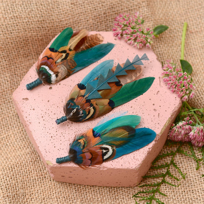 Feather Boutonniere Pin in Teal Green and Copper Pheasant