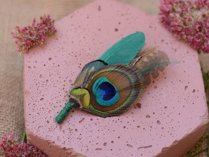 Green Pheasant and Peacock Feather Pin No.042