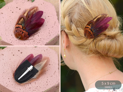 Pheasant Feather Hair Clip in Plum Purple and Copper