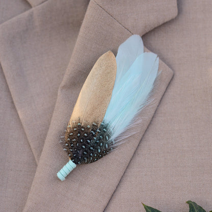 Feather Brooch Pin in Gold and Mint Green