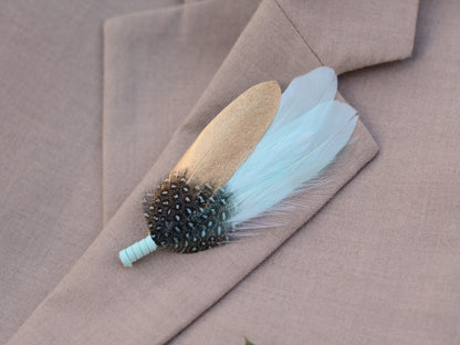 Feather Brooch Pin in Gold and Mint Green