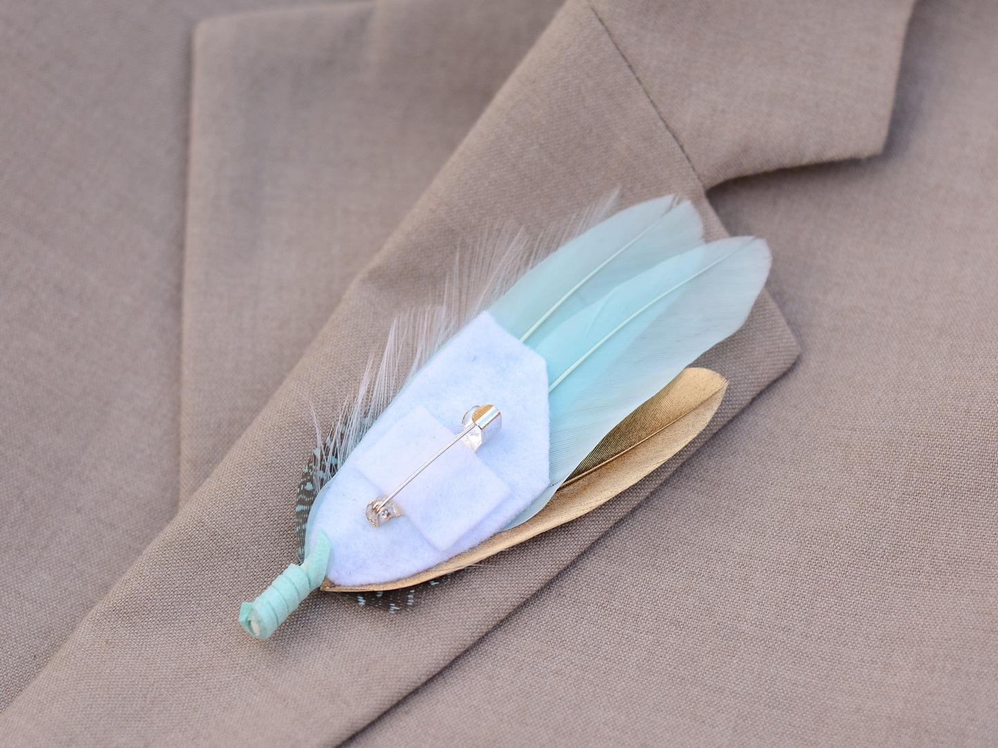 Feather Brooch Pin in Gold and Mint Green