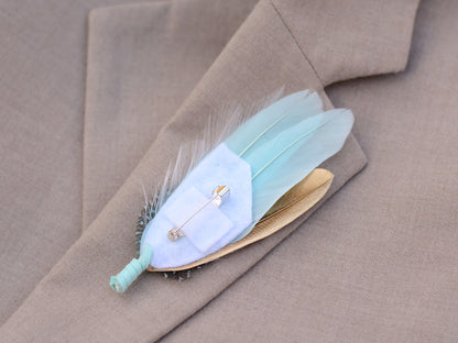 Feather Brooch Pin in Gold and Mint Green