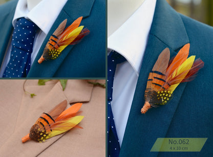 Feather Hat Pin / Broochs in Fall Colours Yellow and Burnt Orange