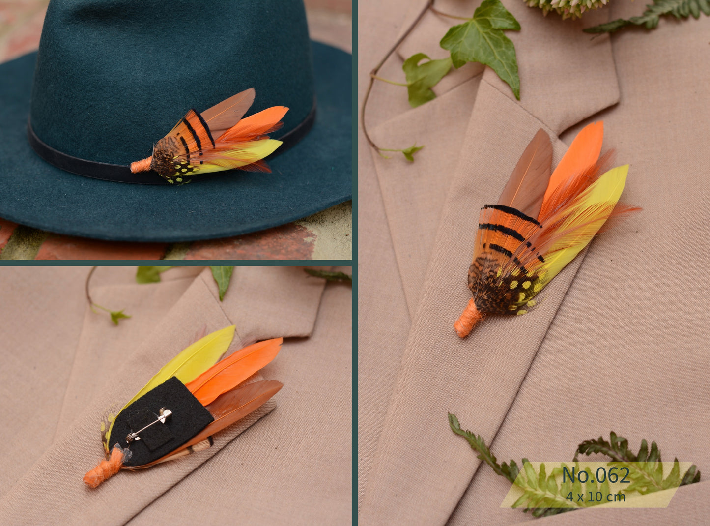 Feather Hat Pin / Broochs in Fall Colours Yellow and Burnt Orange