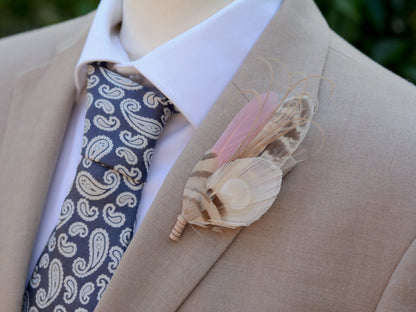 Blush Pink and Ivory Peacock Feather Buttonhole