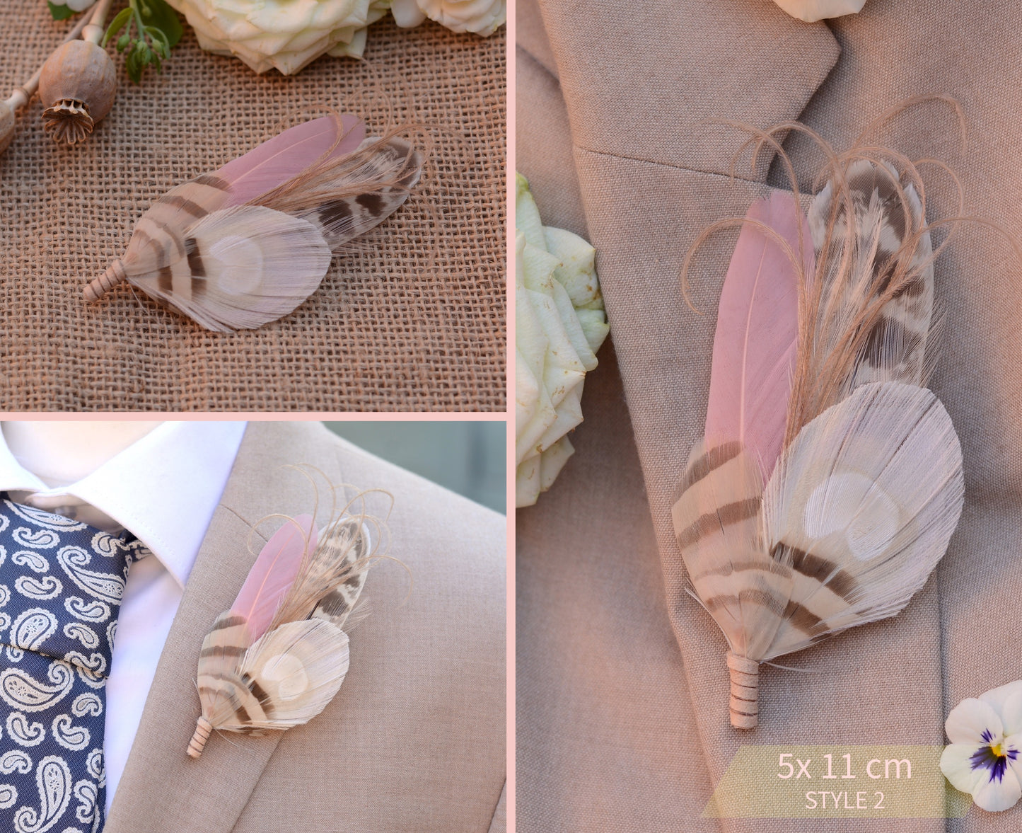 Blush Pink and Ivory Peacock Feather Buttonhole