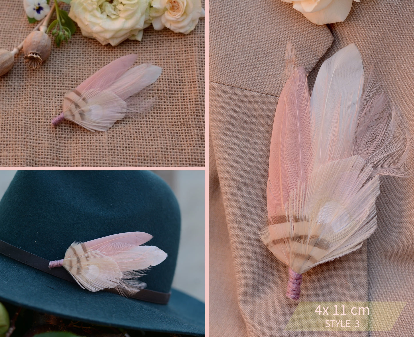 Blush Pink and Ivory Peacock Feather Buttonhole