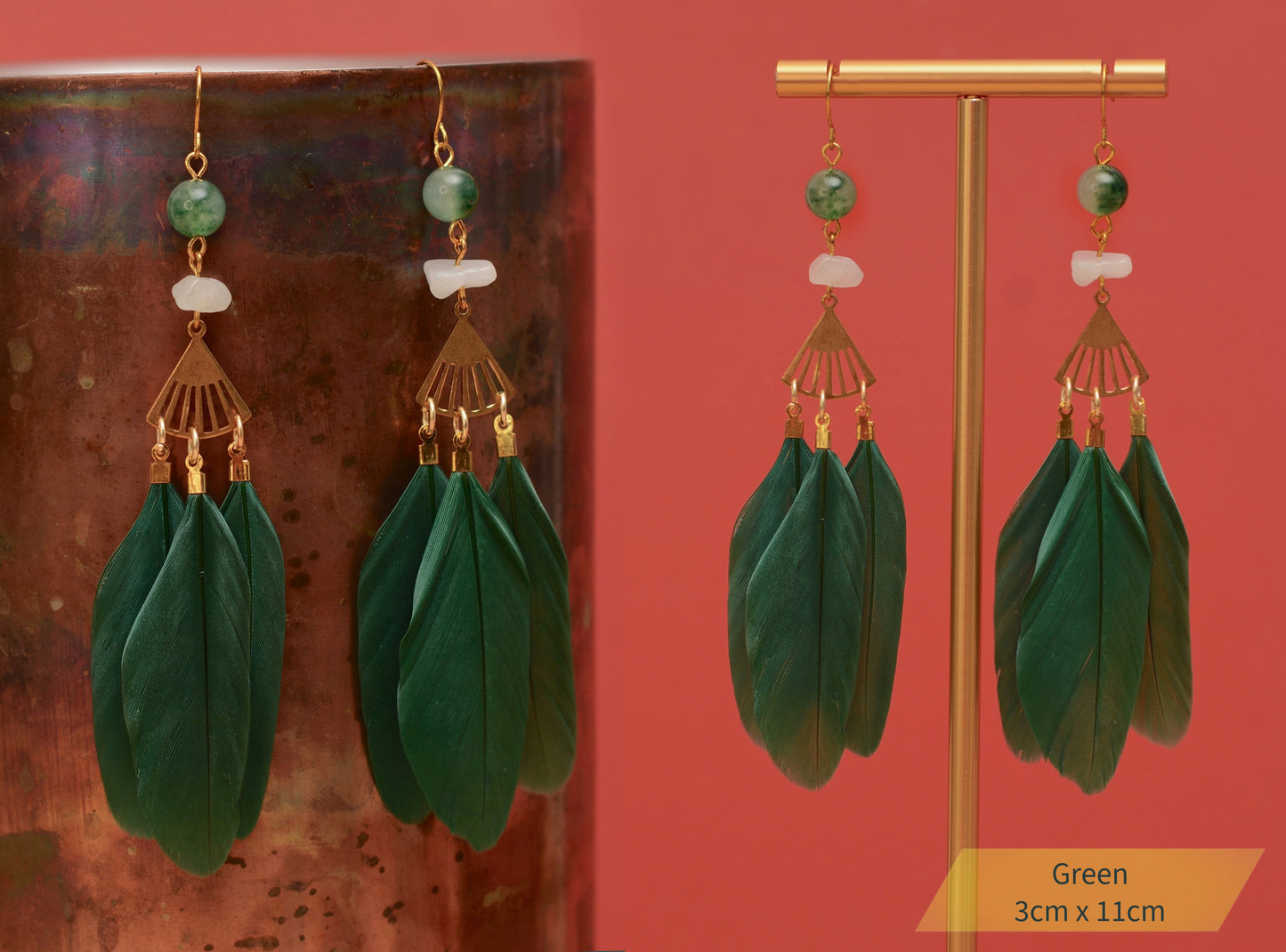 Feather and Gemstone Drop Earrings