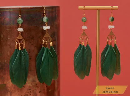 Feather and Gemstone Drop Earrings
