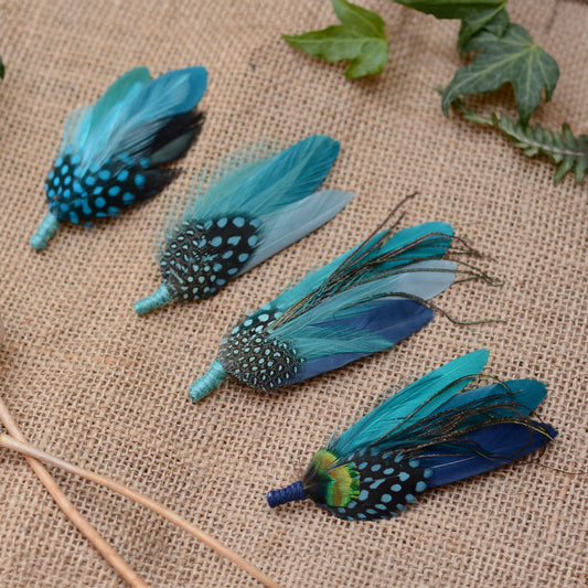 Ombre Teal, Turquoise and Blue Duck Feather Lapel Pins