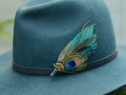 Teal and Green Peacock and Pheasant Feather Lapel Pin No.068