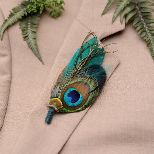 Teal and Green Peacock and Pheasant Feather Lapel Pin No.068